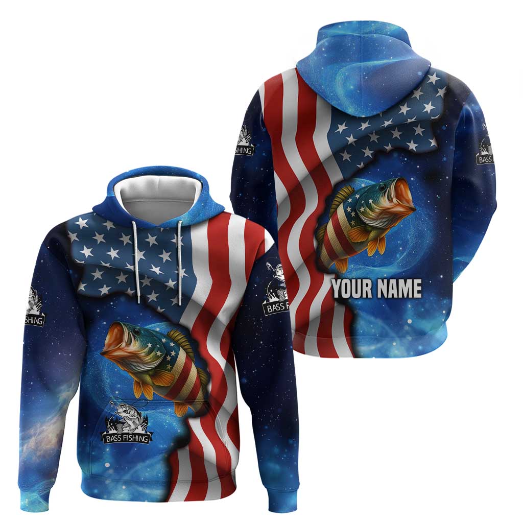 American Flag Bass Fishing Graphic Hoodie Patriotic Fish and Starry Galaxy Background TS04