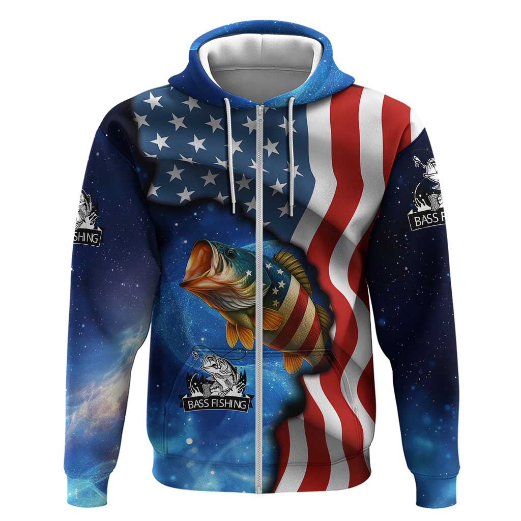 American Flag Bass Fishing Graphic Hoodie Patriotic Fish and Starry Galaxy Background TS04