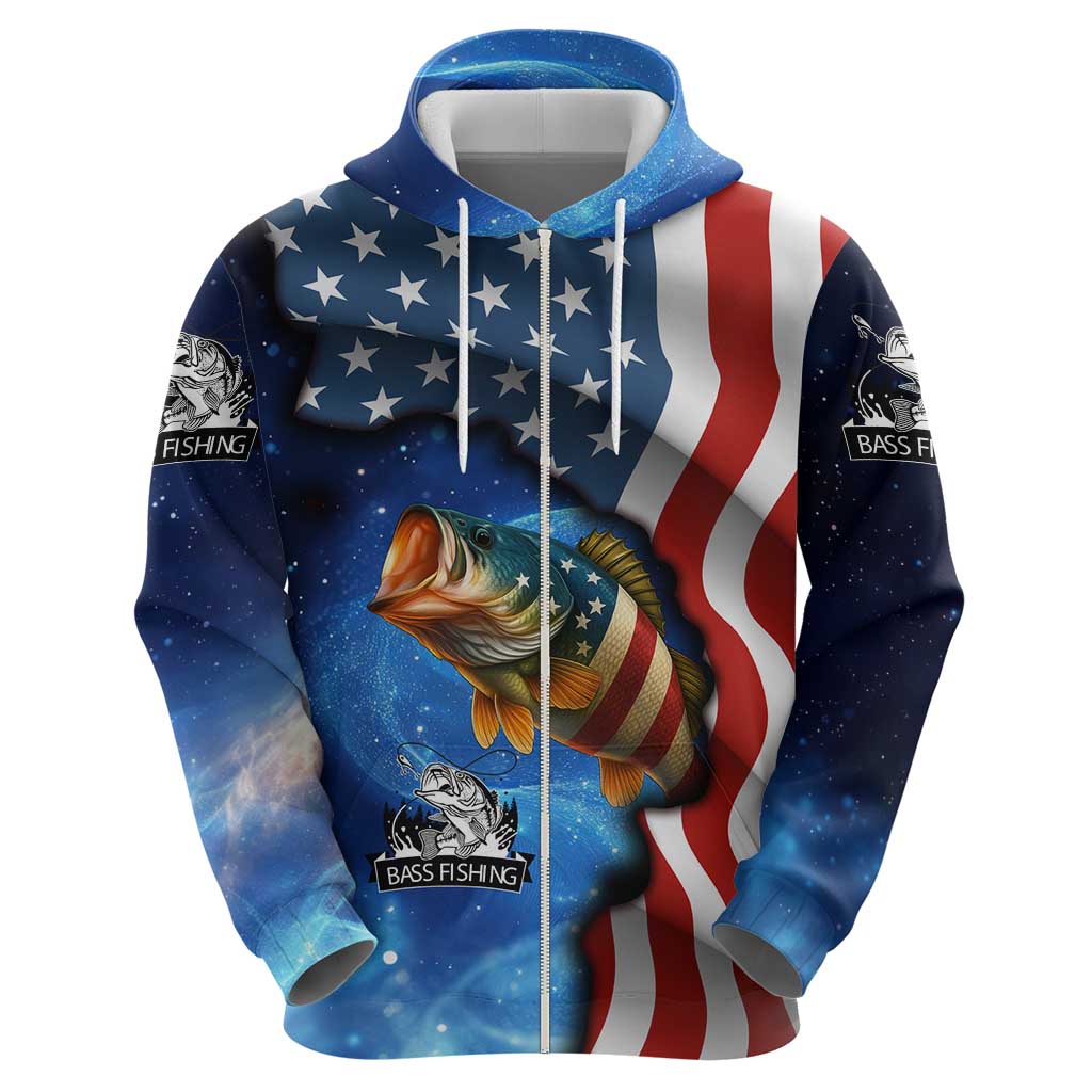 American Flag Bass Fishing Graphic Hoodie Patriotic Fish and Starry Galaxy Background TS04