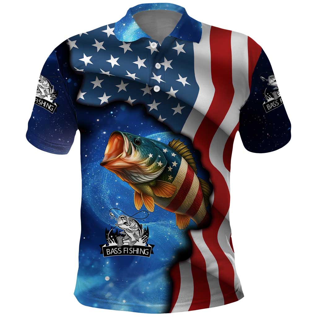 American Flag Bass Fishing Graphic Polo Shirt Patriotic Fish and Starry Galaxy Background TS04