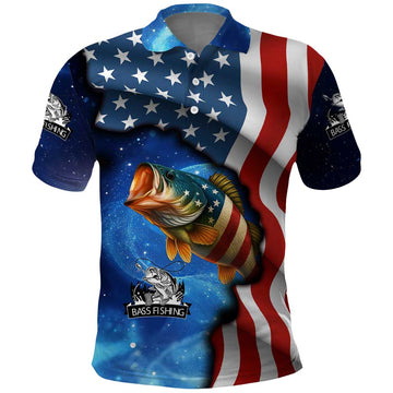 American Flag Bass Fishing Graphic Polo Shirt Patriotic Fish and Starry Galaxy Background TS04