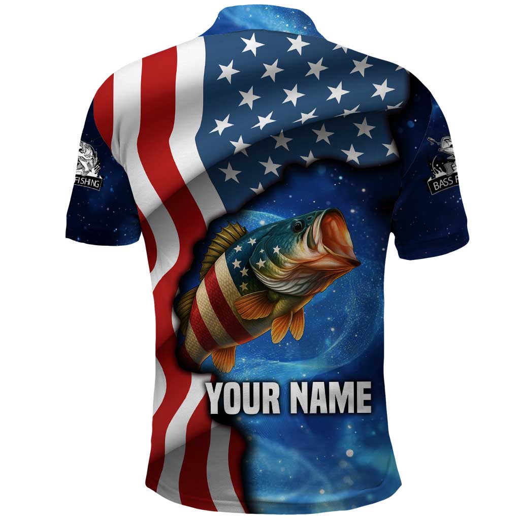 American Flag Bass Fishing Graphic Polo Shirt Patriotic Fish and Starry Galaxy Background TS04