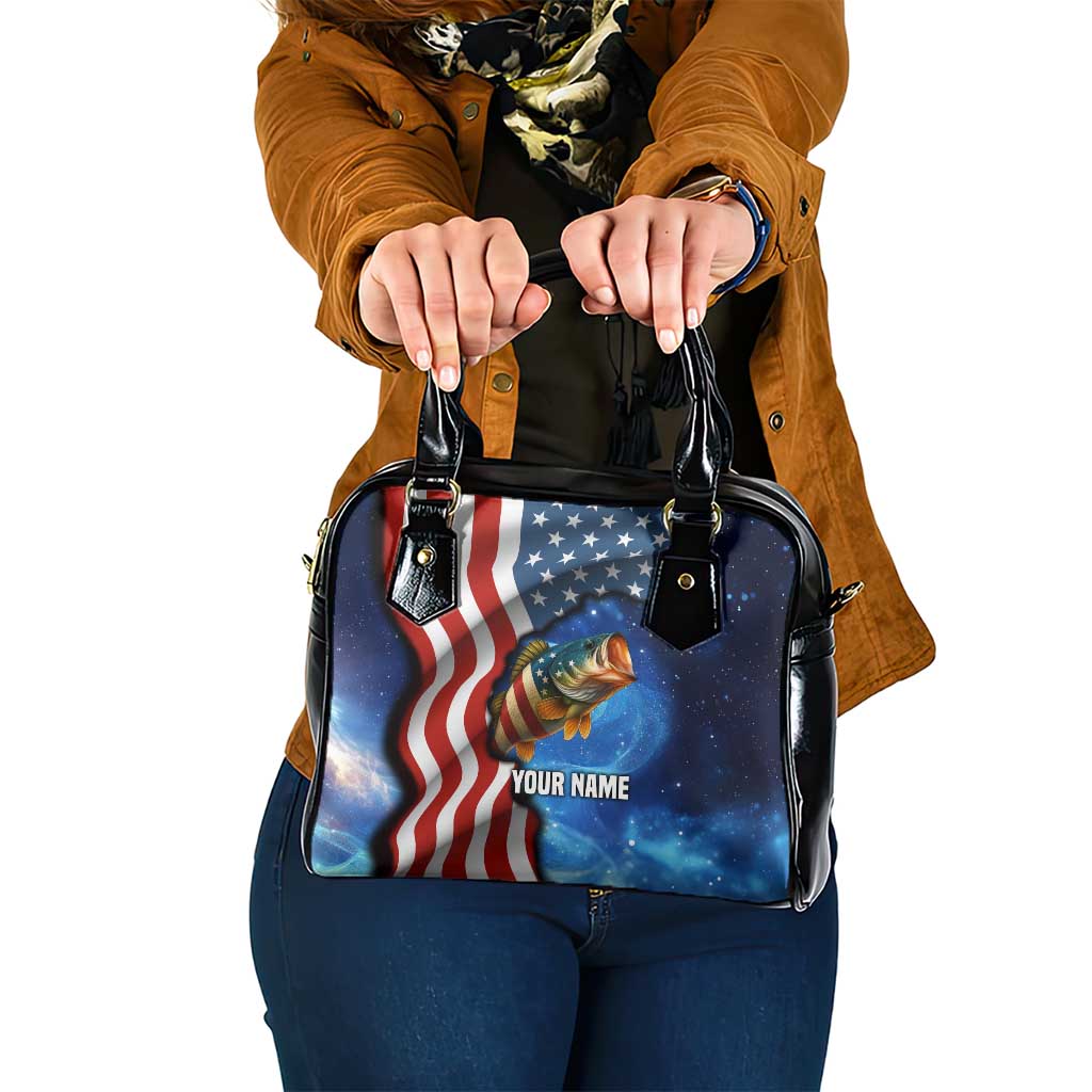 American Flag Bass Fishing Graphic Shoulder Handbag Patriotic Fish and Starry Galaxy Background TS04