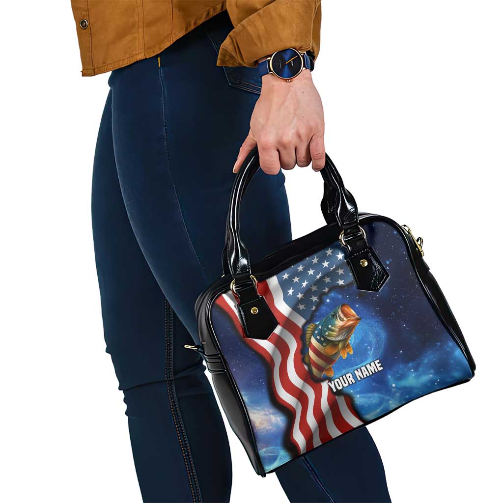 American Flag Bass Fishing Graphic Shoulder Handbag Patriotic Fish and Starry Galaxy Background TS04