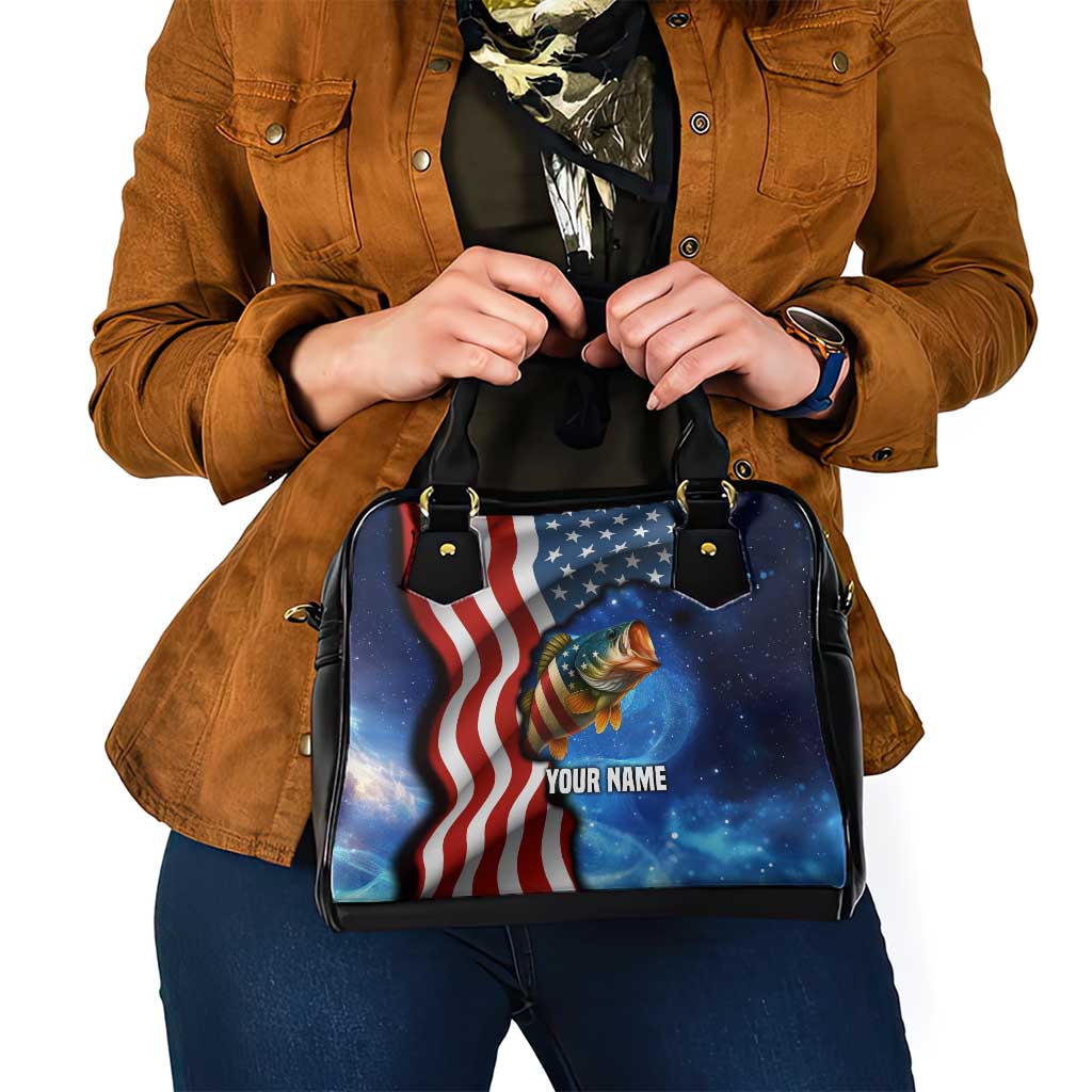 American Flag Bass Fishing Graphic Shoulder Handbag Patriotic Fish and Starry Galaxy Background TS04