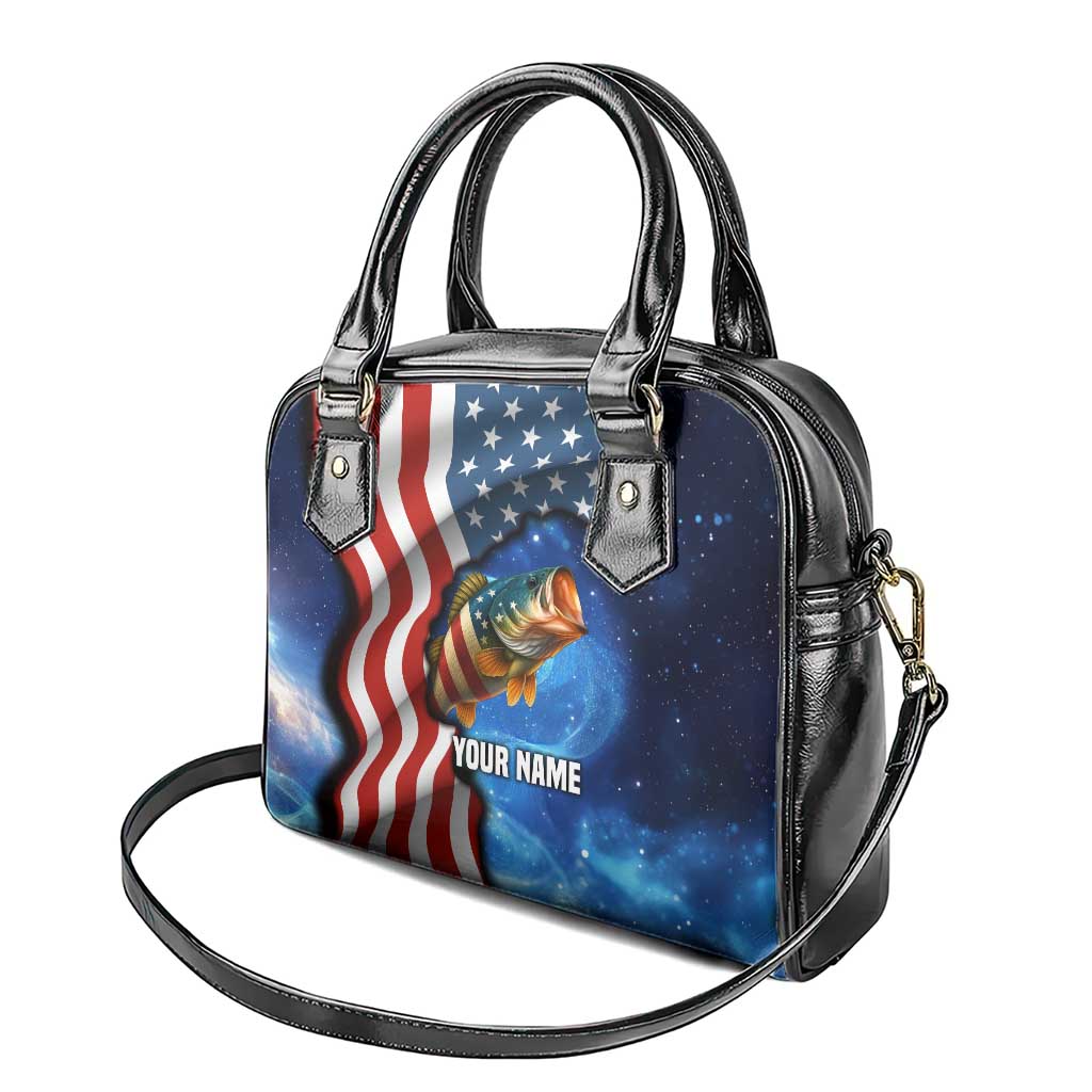 American Flag Bass Fishing Graphic Shoulder Handbag Patriotic Fish and Starry Galaxy Background TS04