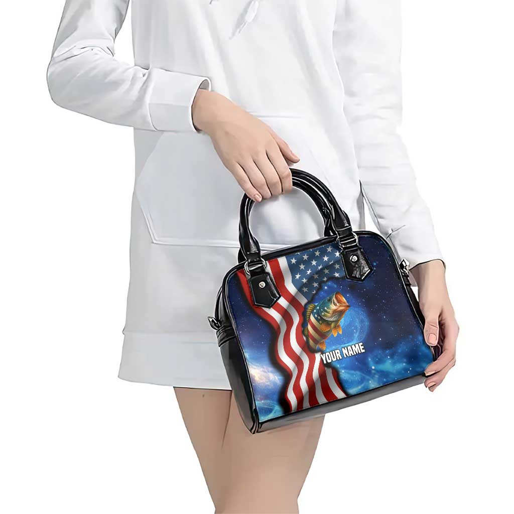 American Flag Bass Fishing Graphic Shoulder Handbag Patriotic Fish and Starry Galaxy Background TS04
