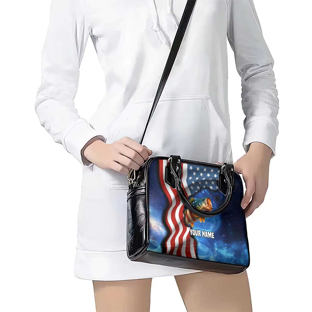 American Flag Bass Fishing Graphic Shoulder Handbag Patriotic Fish and Starry Galaxy Background TS04