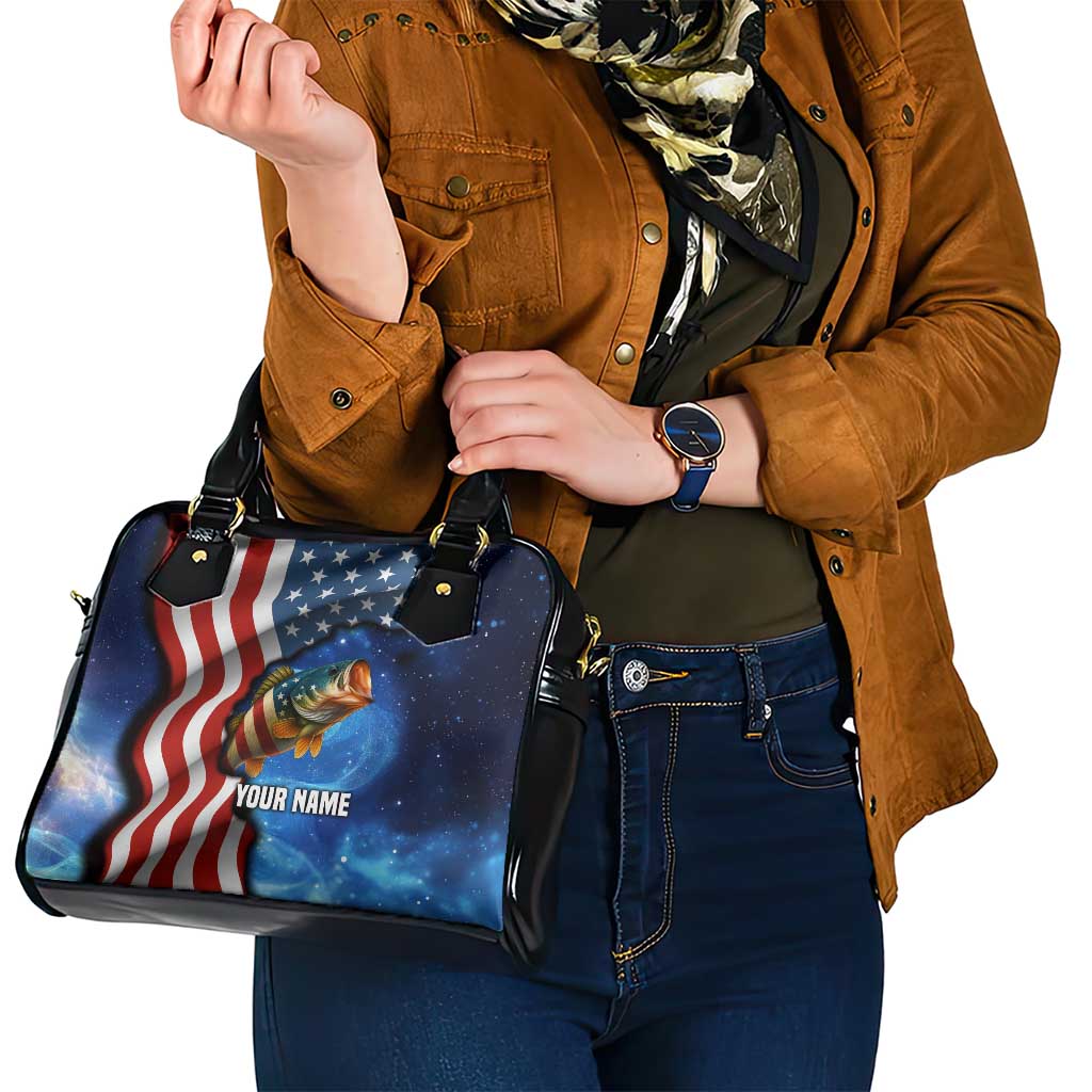 American Flag Bass Fishing Graphic Shoulder Handbag Patriotic Fish and Starry Galaxy Background TS04
