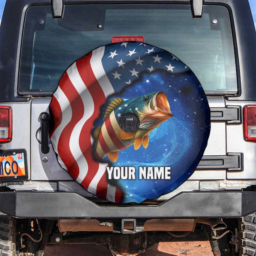 American Flag Bass Fishing Graphic Spare Tire Cover Patriotic Fish and Starry Galaxy Background TS04