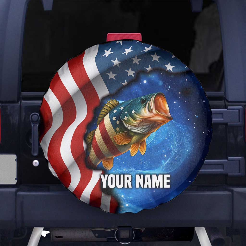 American Flag Bass Fishing Graphic Spare Tire Cover Patriotic Fish and Starry Galaxy Background TS04