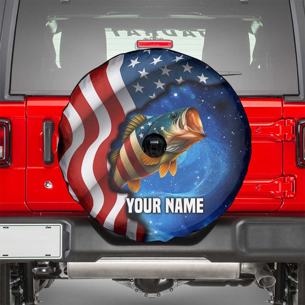 American Flag Bass Fishing Graphic Spare Tire Cover Patriotic Fish and Starry Galaxy Background TS04