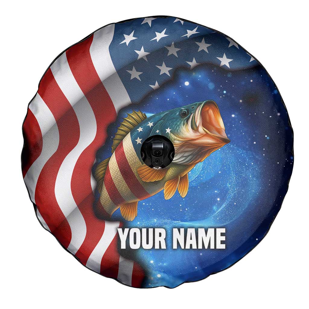 American Flag Bass Fishing Graphic Spare Tire Cover Patriotic Fish and Starry Galaxy Background TS04