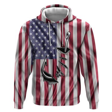 Fishing Fish Hook American Flag Hoodie Custom Name Graphic in Patriotic Striped Theme TS04