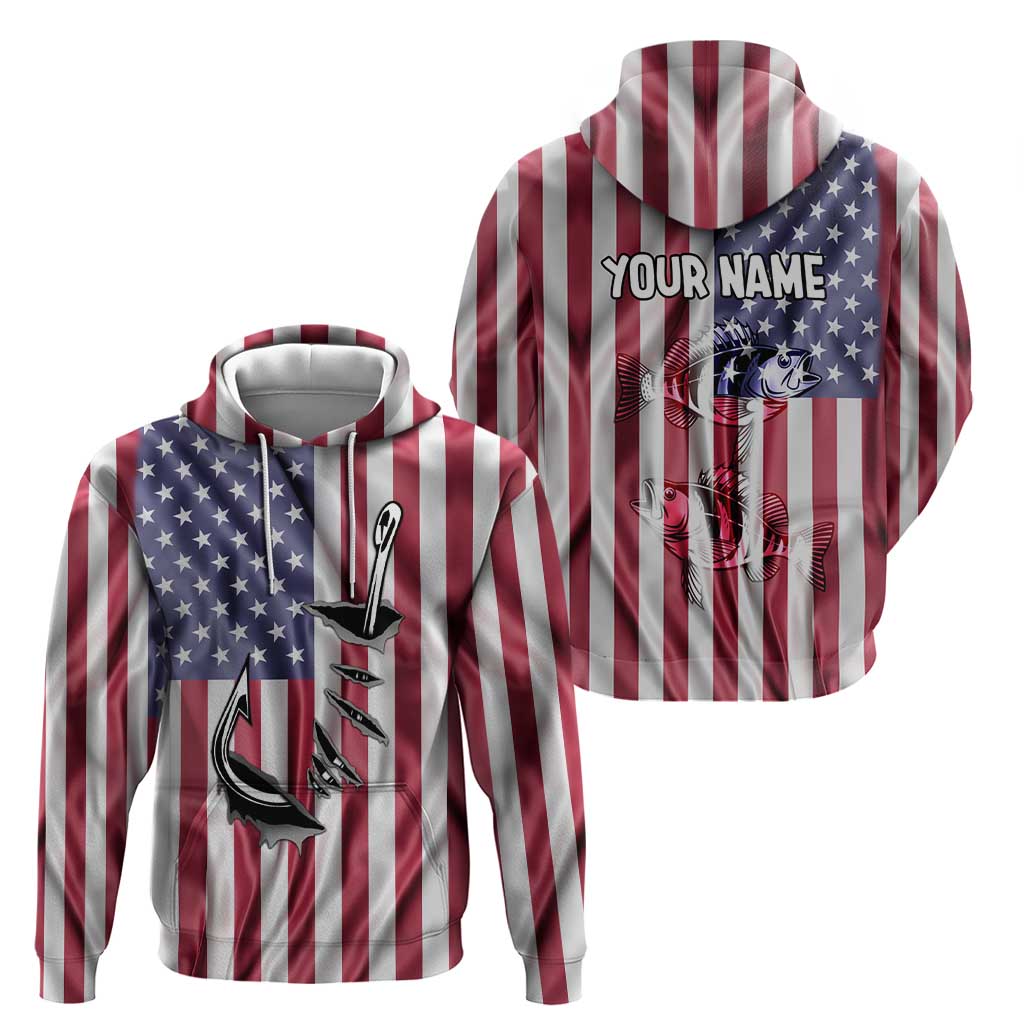 Fishing Fish Hook American Flag Hoodie Custom Name Graphic in Patriotic Striped Theme TS04