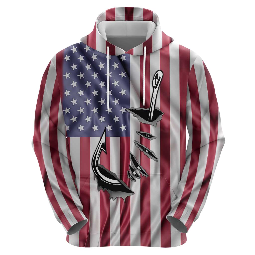Fishing Fish Hook American Flag Hoodie Custom Name Graphic in Patriotic Striped Theme TS04