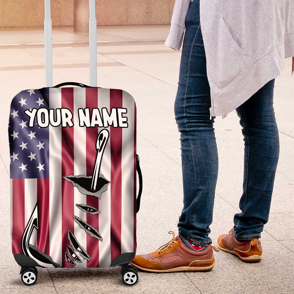 Fishing Fish Hook American Flag Luggage Cover Custom Name Graphic in Patriotic Striped Theme TS04