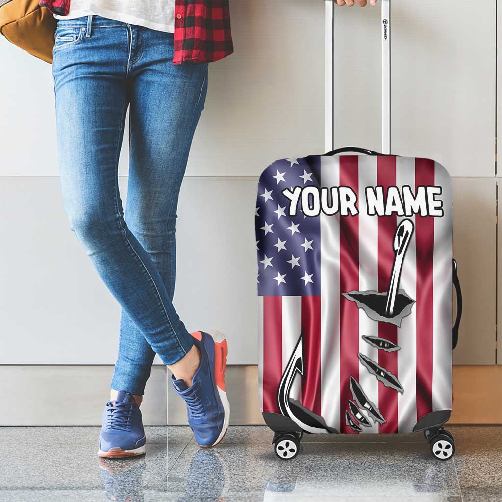 Fishing Fish Hook American Flag Luggage Cover Custom Name Graphic in Patriotic Striped Theme TS04