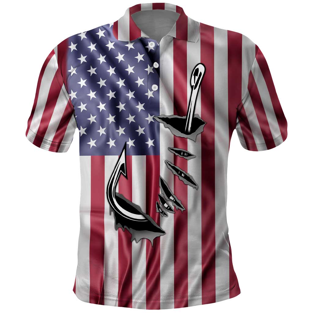 Fishing Fish Hook American Flag Polo Shirt Custom Name Graphic in Patriotic Striped Theme TS04