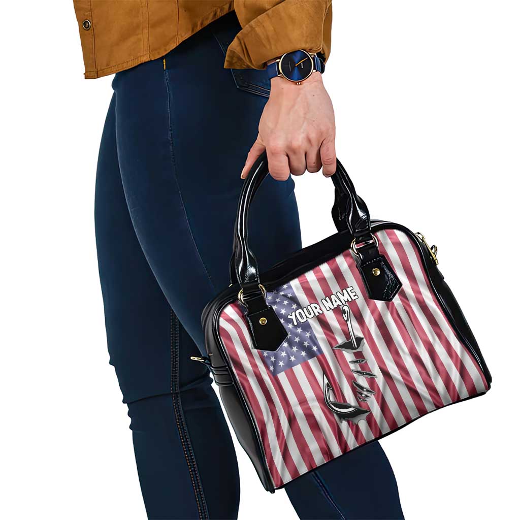 Fishing Fish Hook American Flag Shoulder Handbag Custom Name Graphic in Patriotic Striped Theme TS04