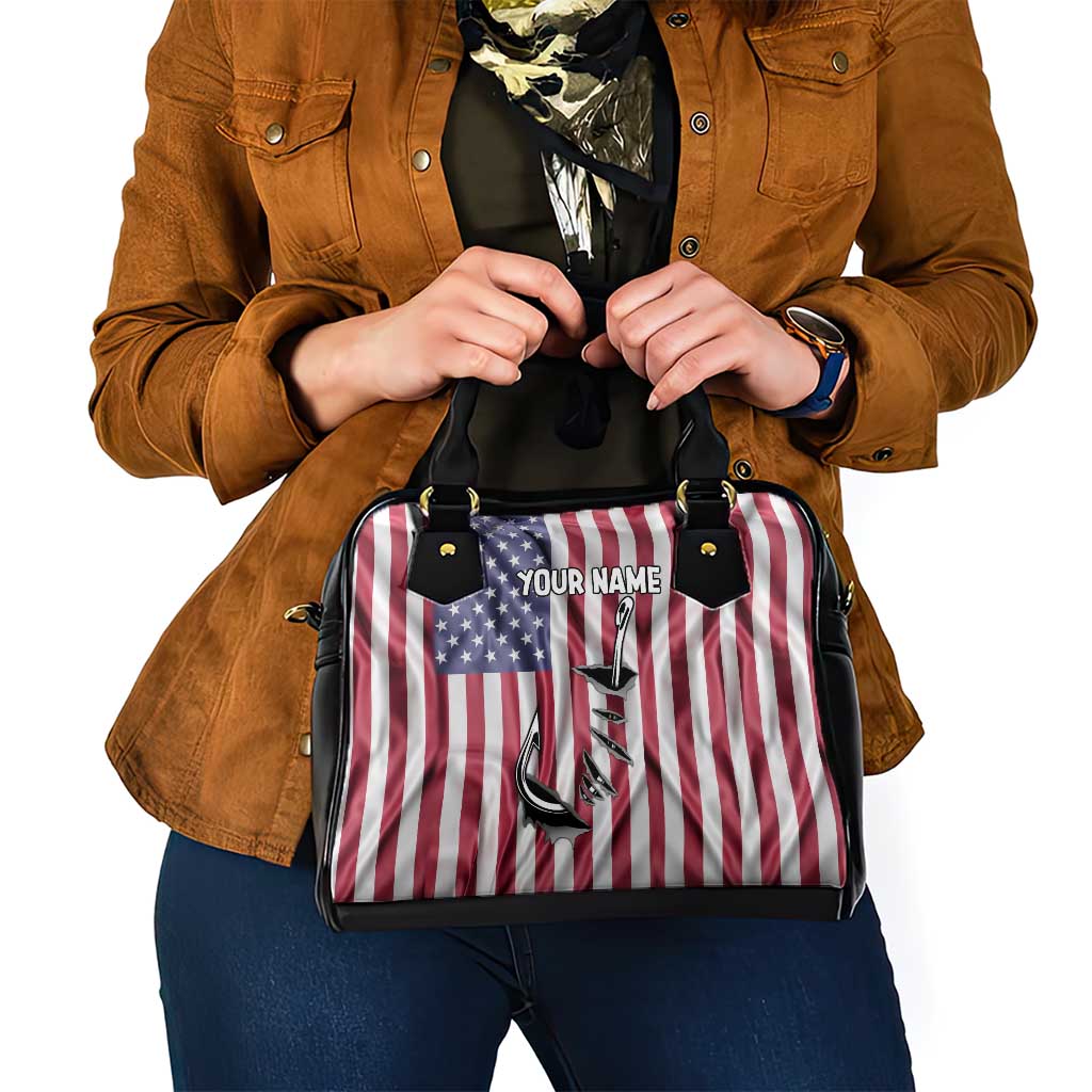 Fishing Fish Hook American Flag Shoulder Handbag Custom Name Graphic in Patriotic Striped Theme TS04