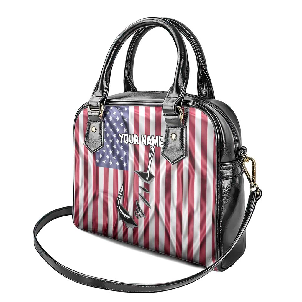 Fishing Fish Hook American Flag Shoulder Handbag Custom Name Graphic in Patriotic Striped Theme TS04