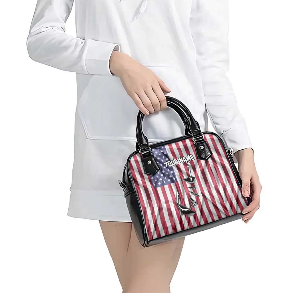 Fishing Fish Hook American Flag Shoulder Handbag Custom Name Graphic in Patriotic Striped Theme TS04