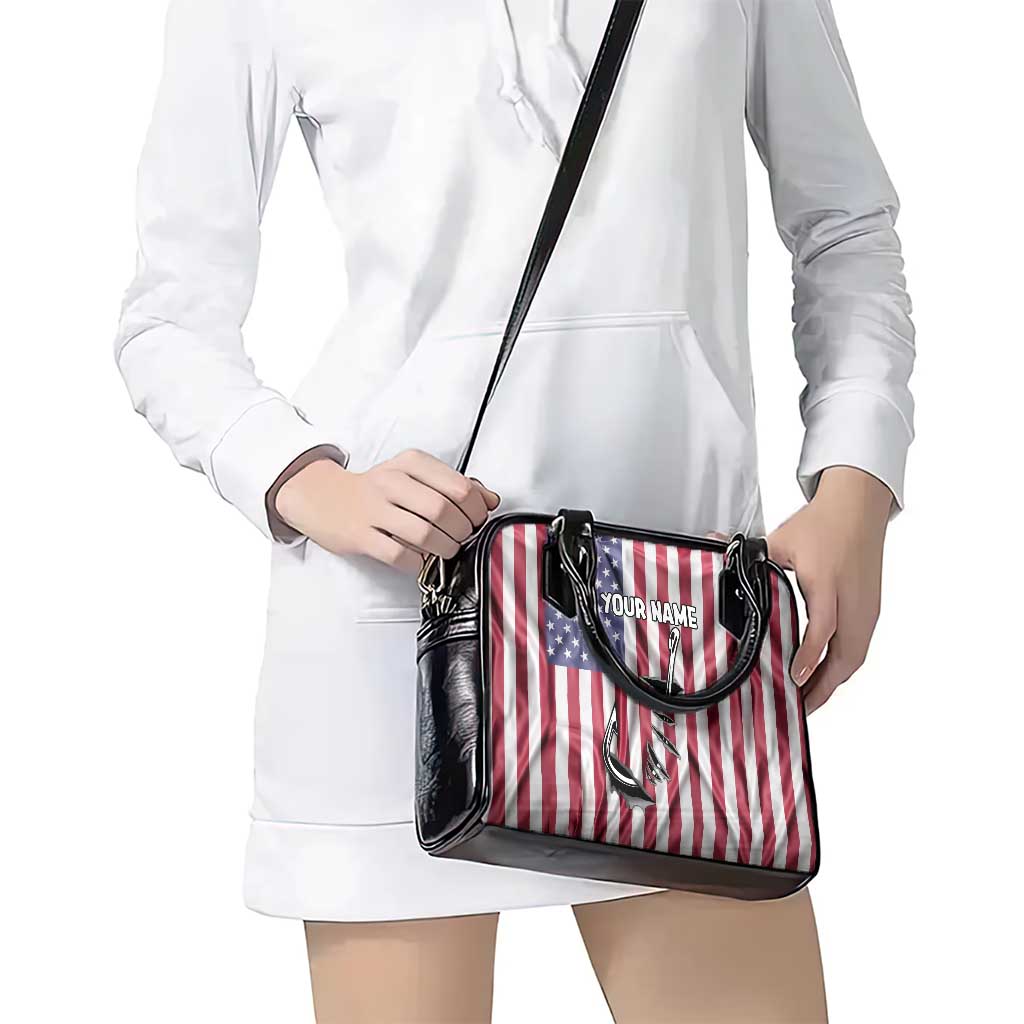 Fishing Fish Hook American Flag Shoulder Handbag Custom Name Graphic in Patriotic Striped Theme TS04