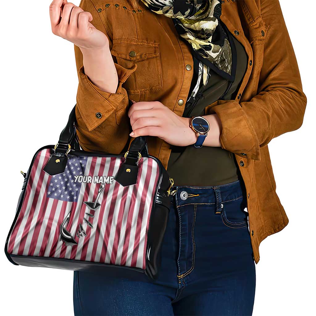 Fishing Fish Hook American Flag Shoulder Handbag Custom Name Graphic in Patriotic Striped Theme TS04