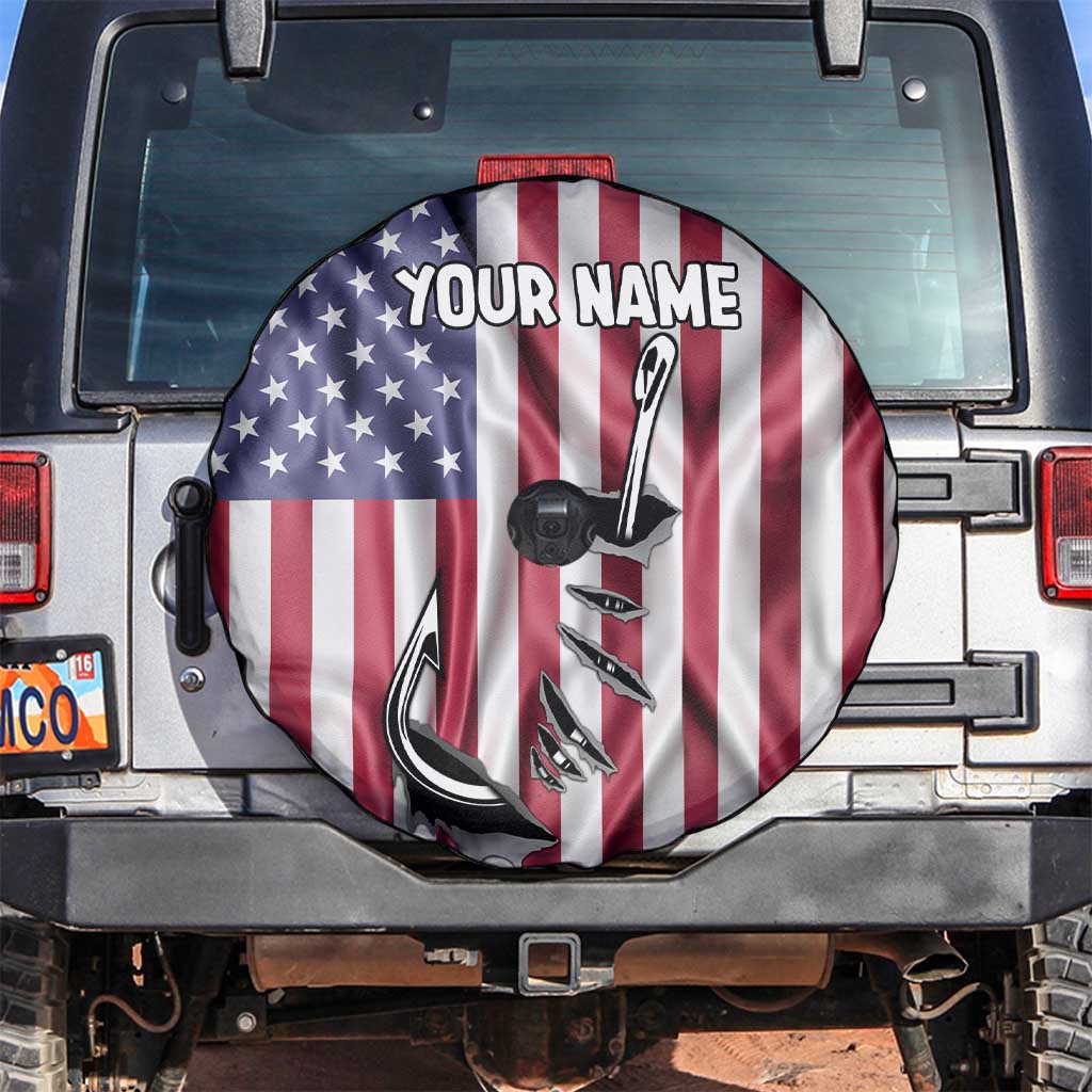 Fishing Fish Hook American Flag Spare Tire Cover Custom Name Graphic in Patriotic Striped Theme TS04