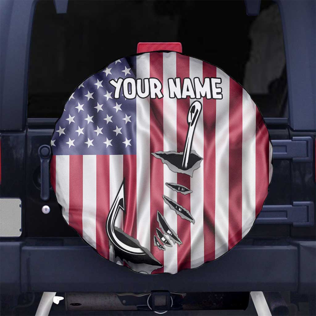 Fishing Fish Hook American Flag Spare Tire Cover Custom Name Graphic in Patriotic Striped Theme TS04