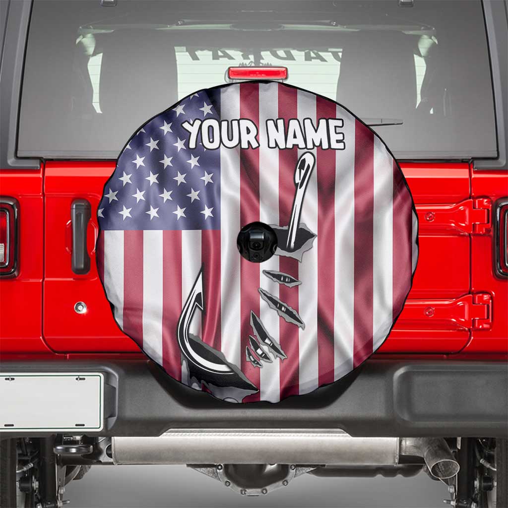 Fishing Fish Hook American Flag Spare Tire Cover Custom Name Graphic in Patriotic Striped Theme TS04