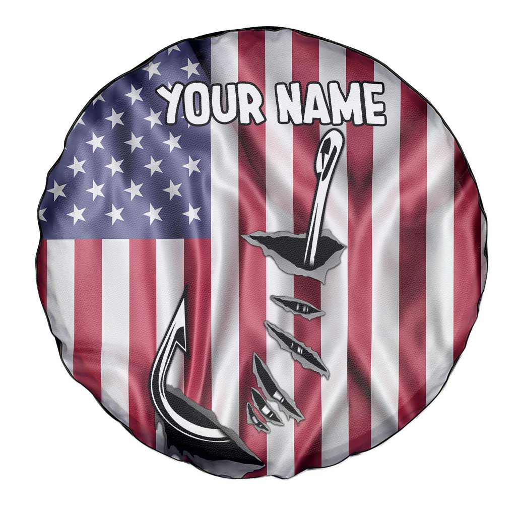 Fishing Fish Hook American Flag Spare Tire Cover Custom Name Graphic in Patriotic Striped Theme TS04