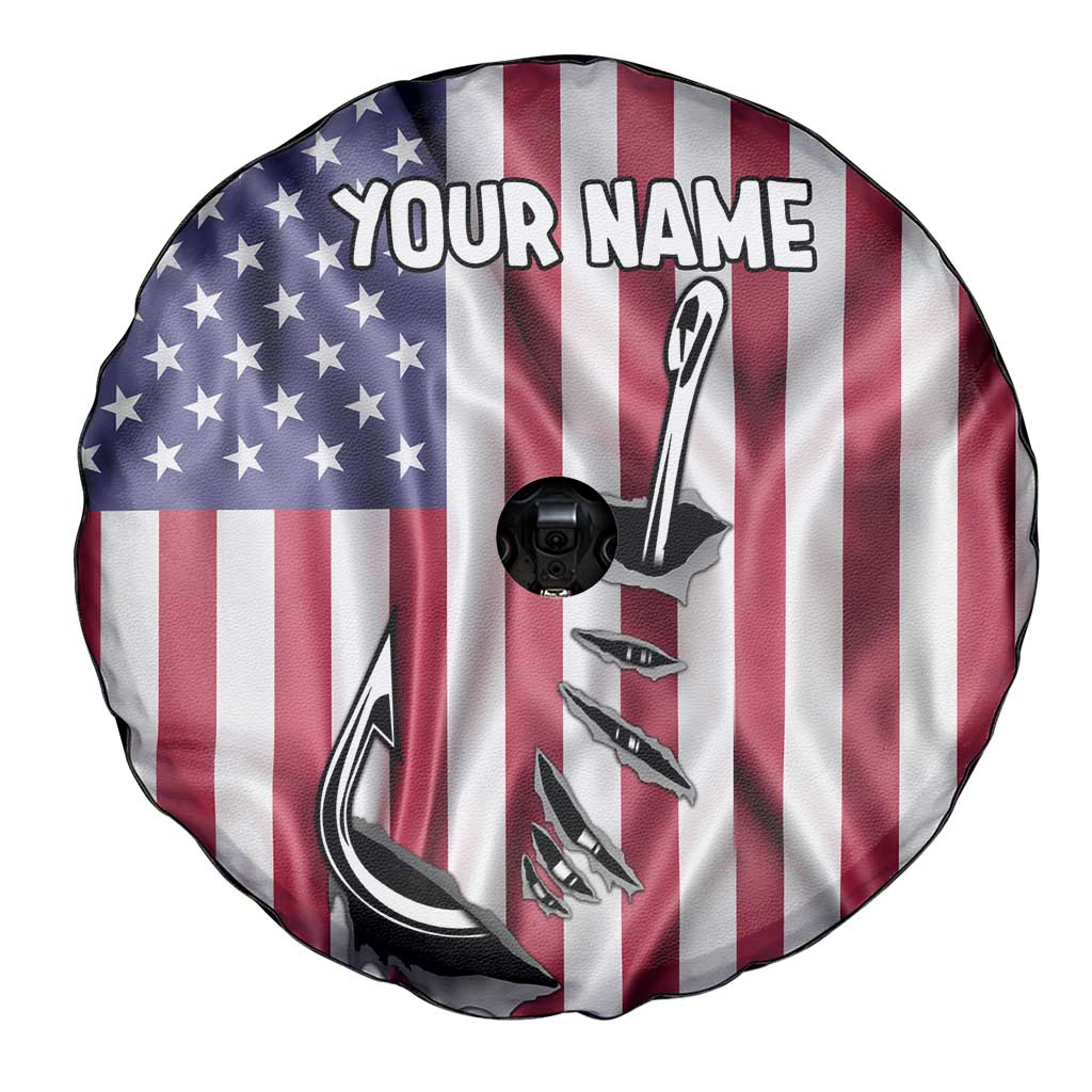 Fishing Fish Hook American Flag Spare Tire Cover Custom Name Graphic in Patriotic Striped Theme TS04