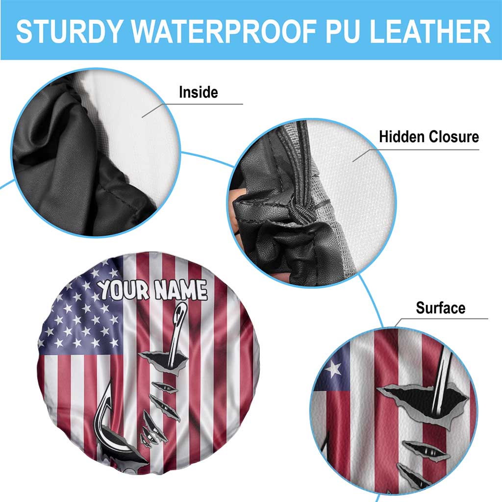 Fishing Fish Hook American Flag Spare Tire Cover Custom Name Graphic in Patriotic Striped Theme TS04