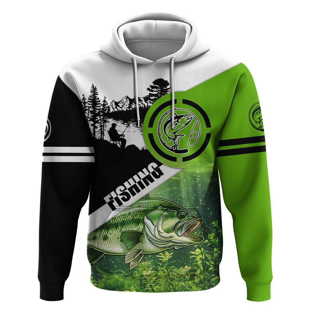 Green and Black Largemouth Bass Fishing Hoodie Custom Name Design and Angler Silhouette Illustration TS04
