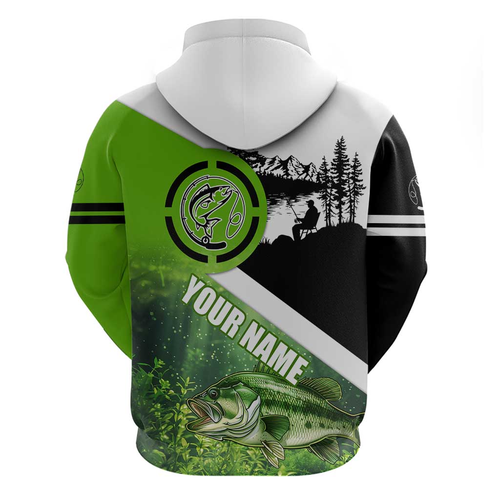 Green and Black Largemouth Bass Fishing Hoodie Custom Name Design and Angler Silhouette Illustration TS04