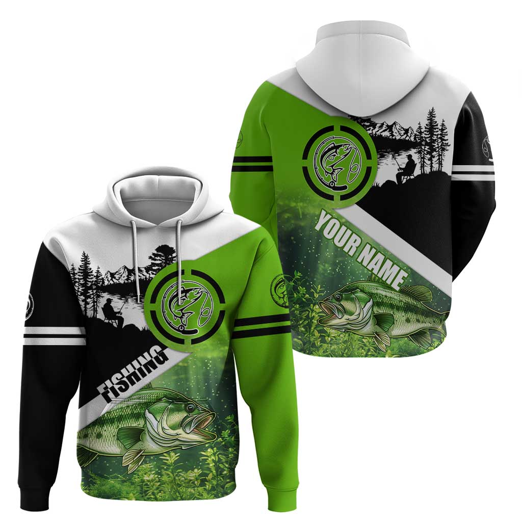 Green and Black Largemouth Bass Fishing Hoodie Custom Name Design and Angler Silhouette Illustration TS04