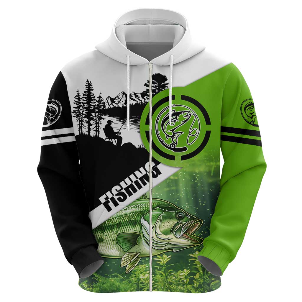 Green and Black Largemouth Bass Fishing Hoodie Custom Name Design and Angler Silhouette Illustration TS04