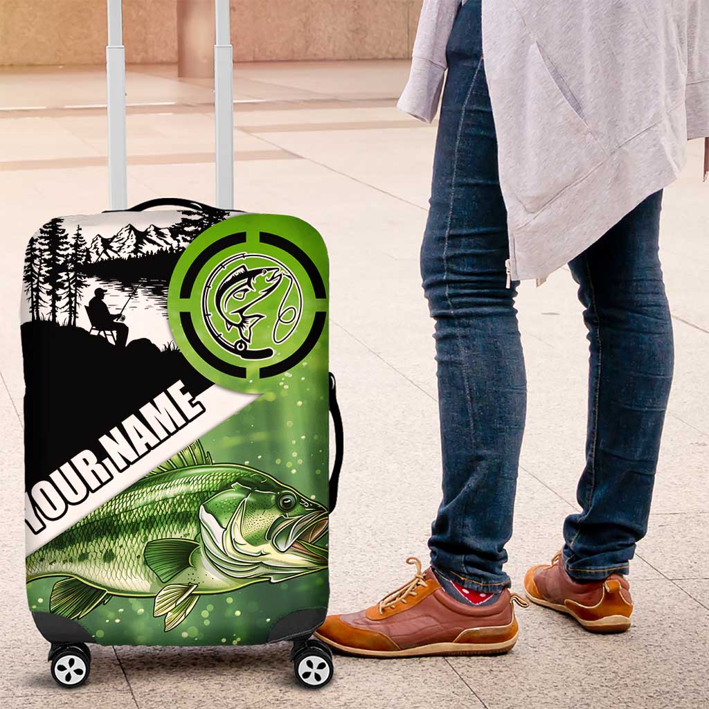 Green and Black Largemouth Bass Fishing Luggage Cover Custom Name Design and Angler Silhouette Illustration TS04