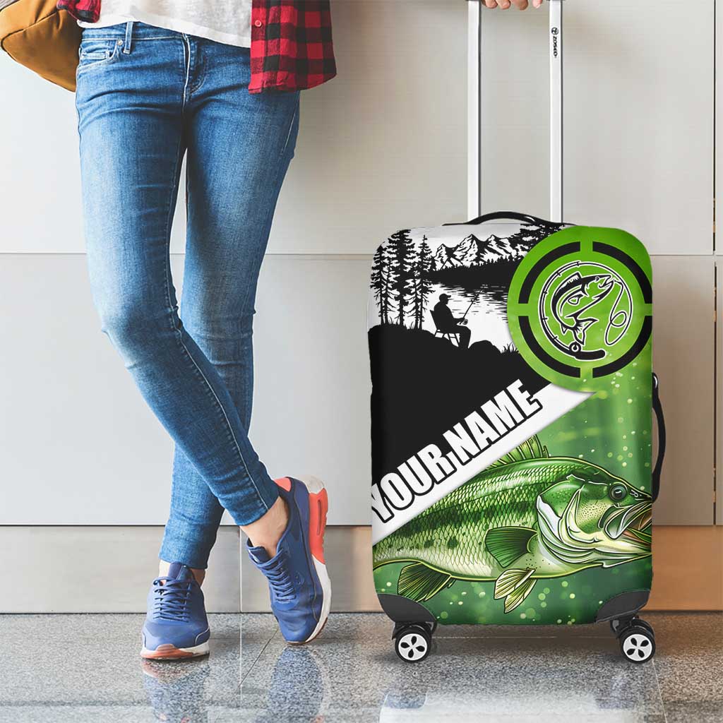 Green and Black Largemouth Bass Fishing Luggage Cover Custom Name Design and Angler Silhouette Illustration TS04