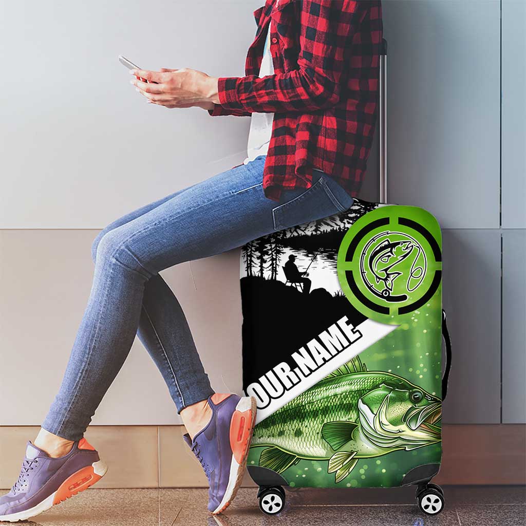 Green and Black Largemouth Bass Fishing Luggage Cover Custom Name Design and Angler Silhouette Illustration TS04