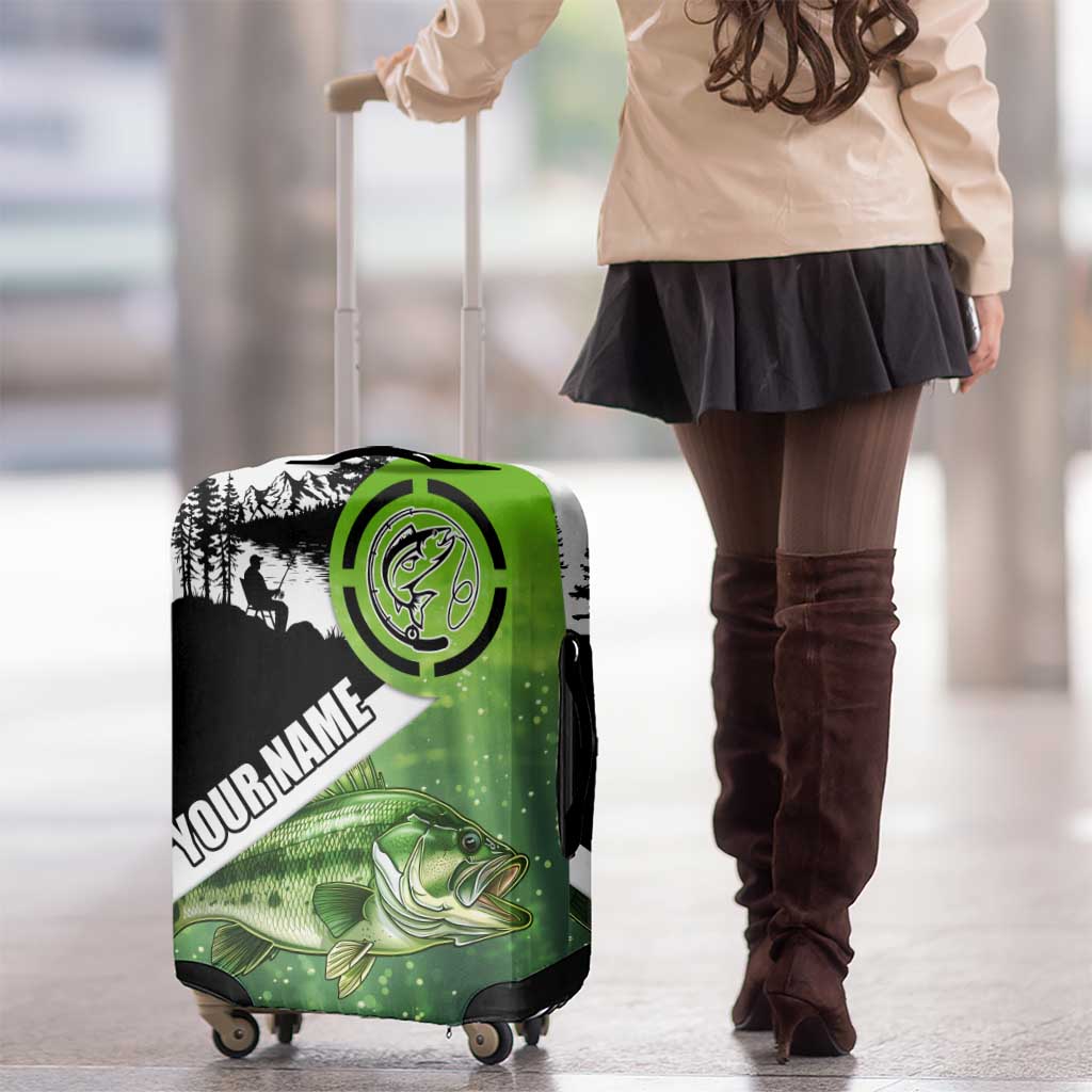 Green and Black Largemouth Bass Fishing Luggage Cover Custom Name Design and Angler Silhouette Illustration TS04