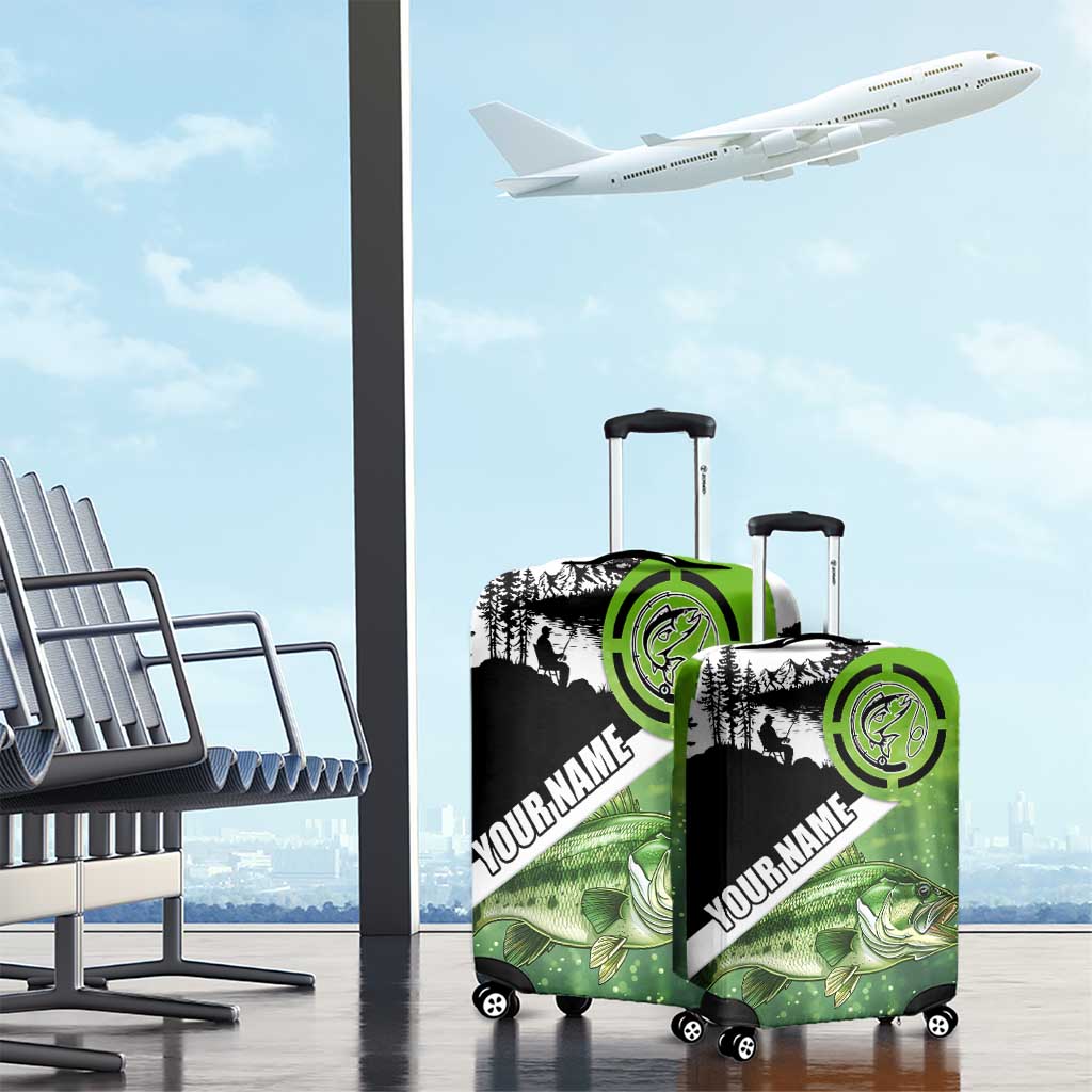 Green and Black Largemouth Bass Fishing Luggage Cover Custom Name Design and Angler Silhouette Illustration TS04
