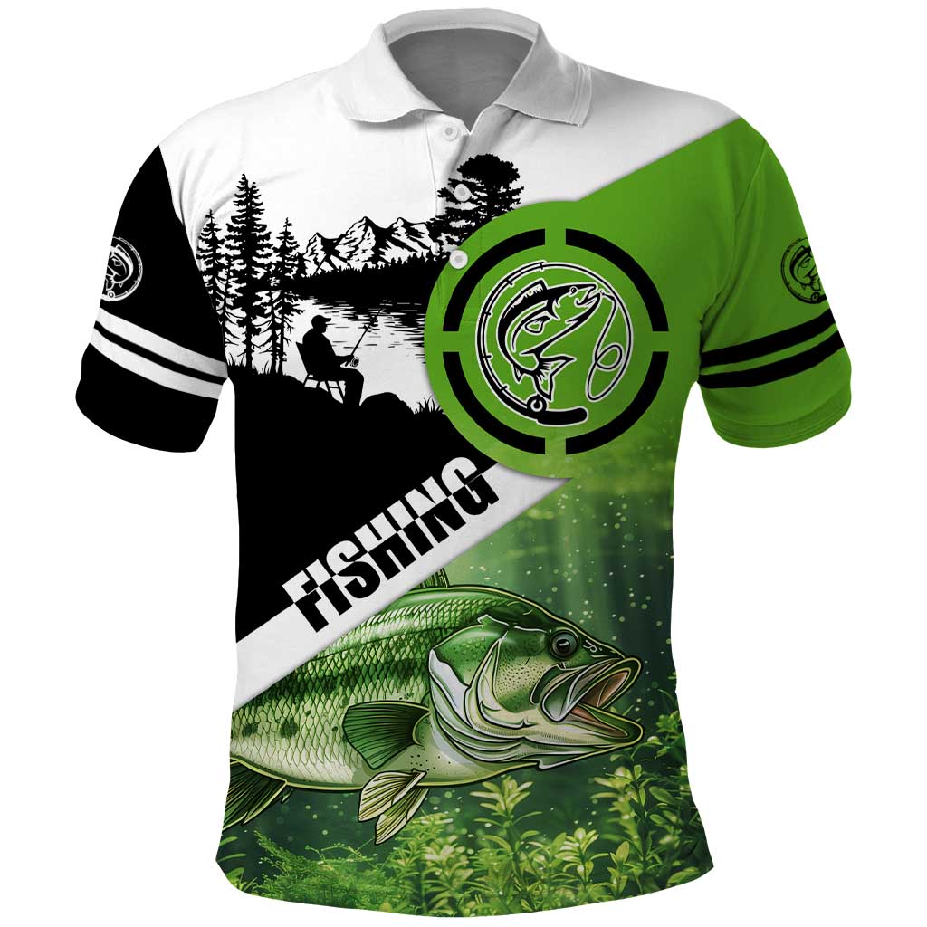 Green and Black Largemouth Bass Fishing Polo Shirt Custom Name Design and Angler Silhouette Illustration TS04