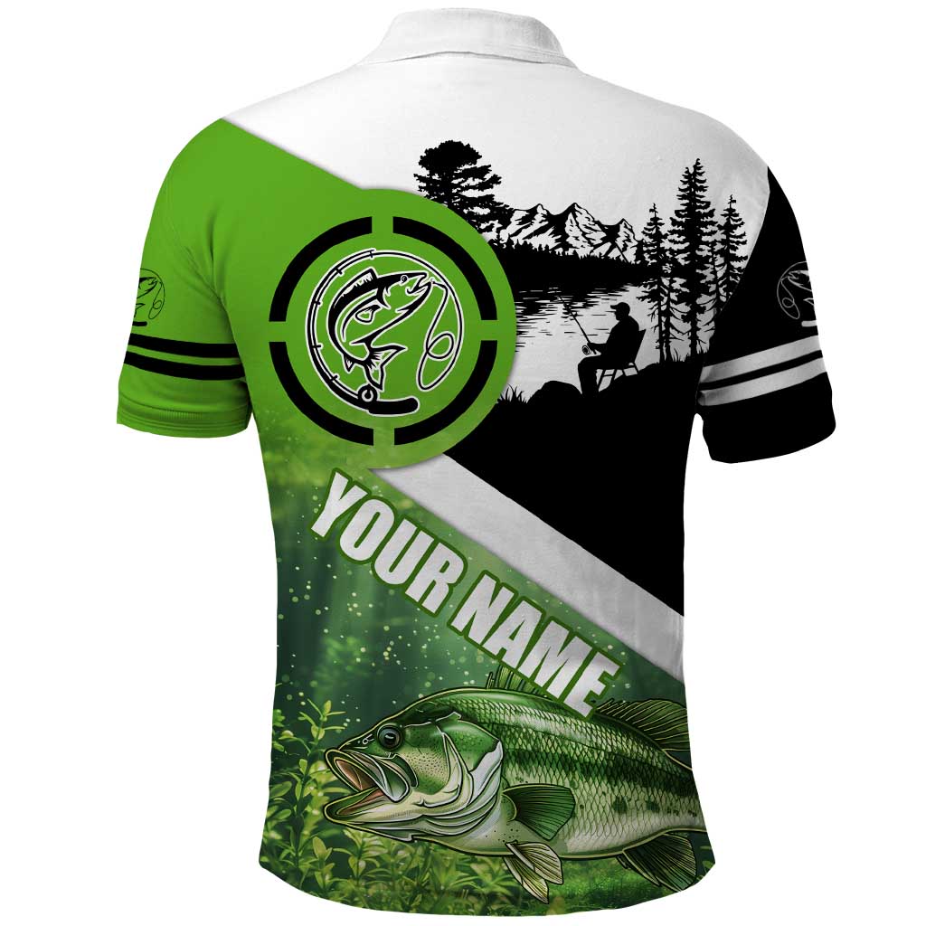 Green and Black Largemouth Bass Fishing Polo Shirt Custom Name Design and Angler Silhouette Illustration TS04