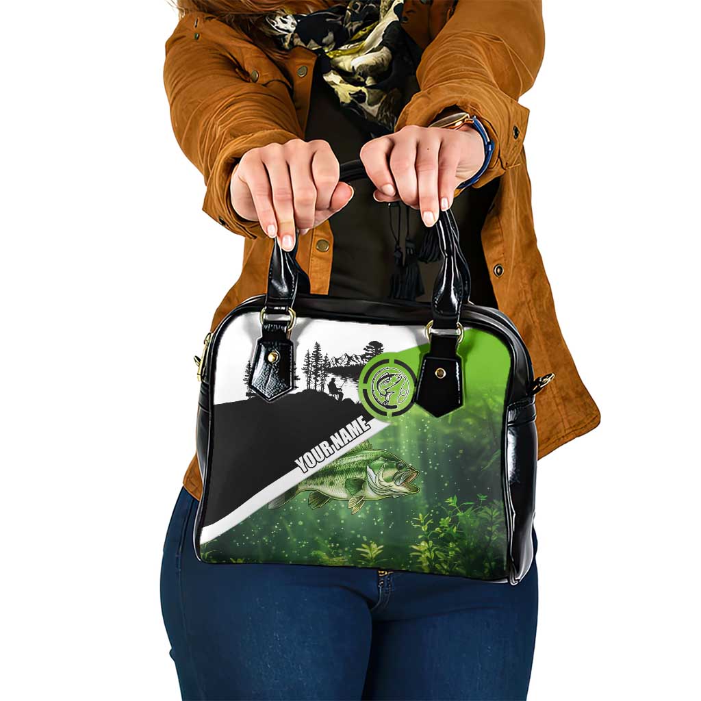 Green and Black Largemouth Bass Fishing Shoulder Handbag Custom Name Design and Angler Silhouette Illustration TS04