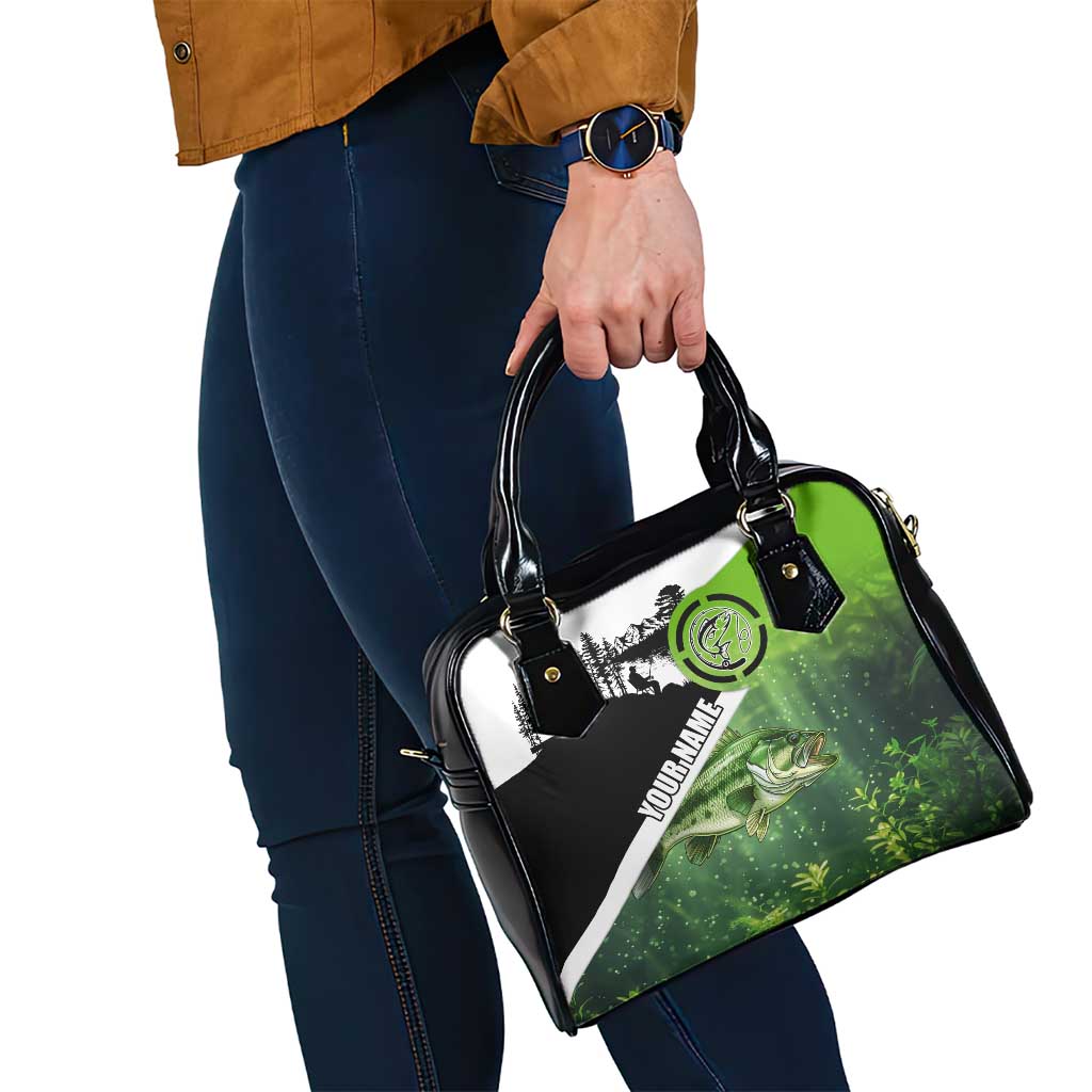 Green and Black Largemouth Bass Fishing Shoulder Handbag Custom Name Design and Angler Silhouette Illustration TS04