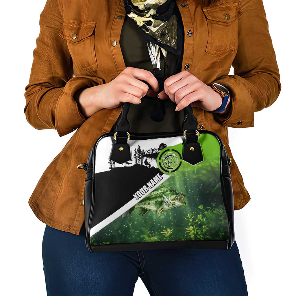Green and Black Largemouth Bass Fishing Shoulder Handbag Custom Name Design and Angler Silhouette Illustration TS04