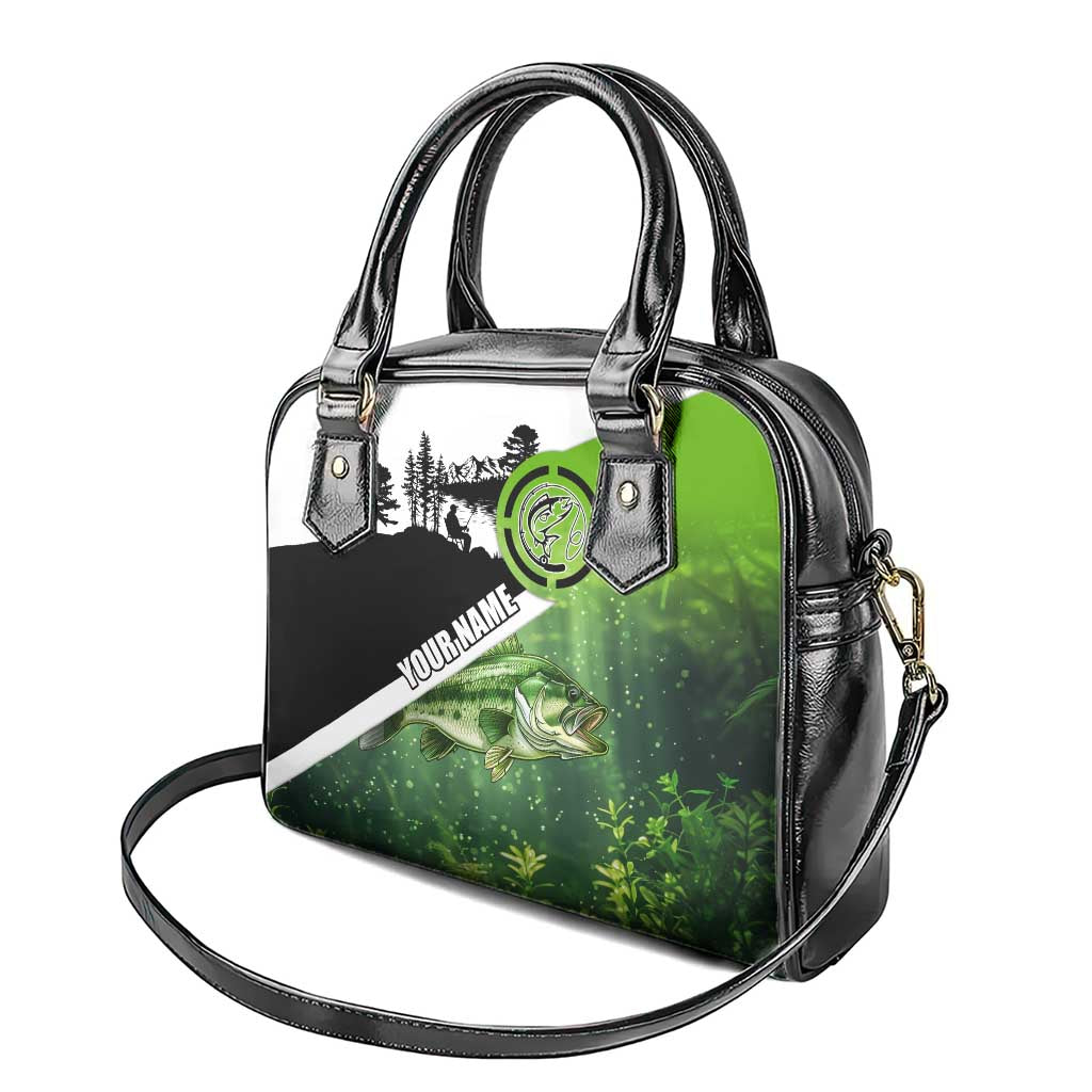 Green and Black Largemouth Bass Fishing Shoulder Handbag Custom Name Design and Angler Silhouette Illustration TS04